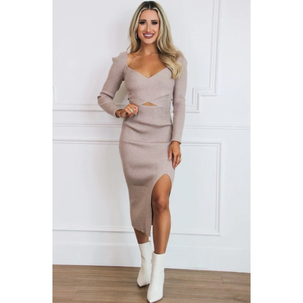 Liberty Cutout Sweater Midi Dress Mocha Size M Long Sleeve